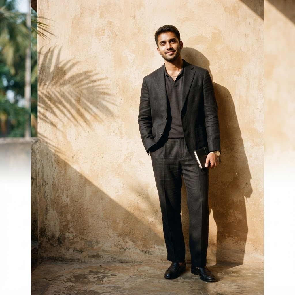 Man in a dark tailored suit standing against a warm wall
